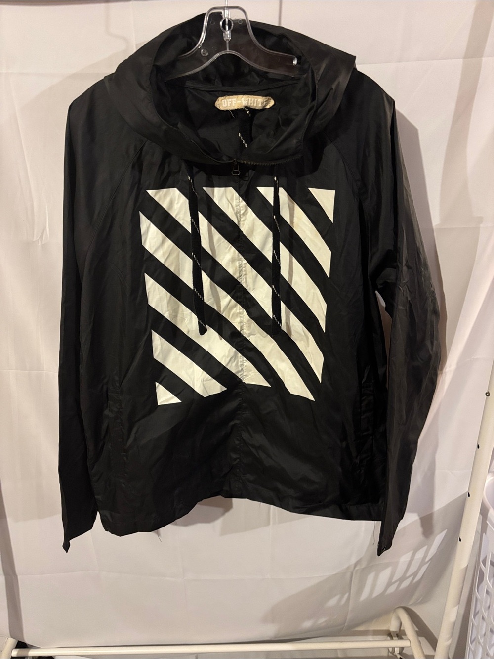 Off-White Black Hooded Bomber Jacket with White Diagonal Stripe Print